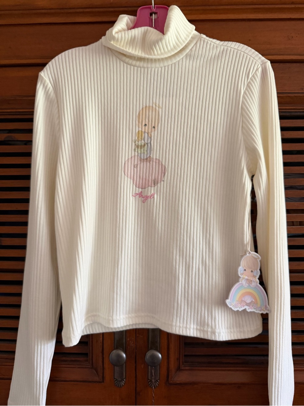 Precious Moments Cream Ribbed Turtleneck with Pastel Graphic